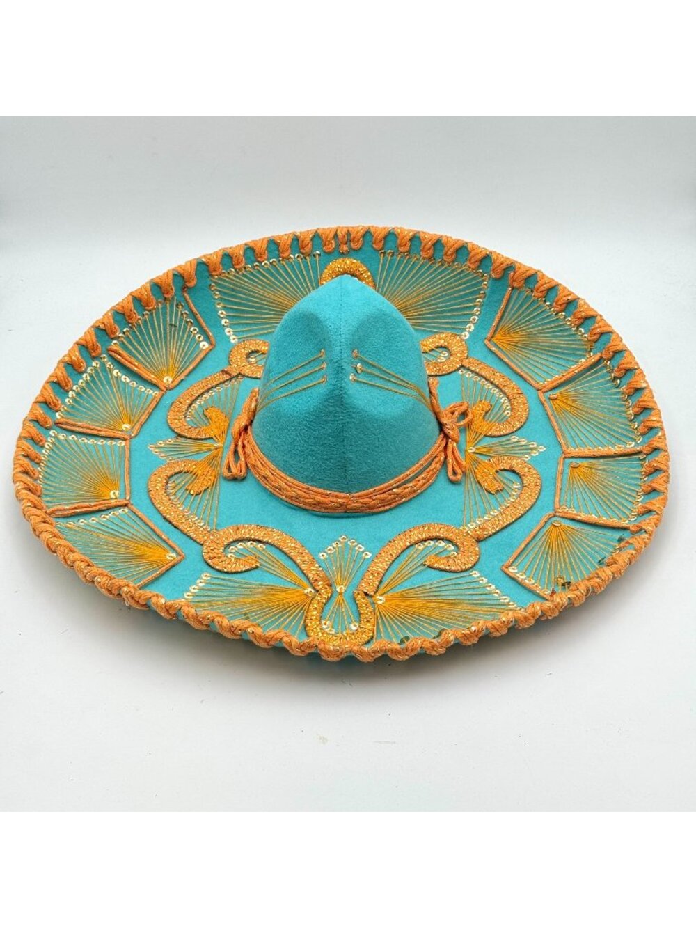 Vintage Pigalle Mexican Sombrero 21.5" Hat Turquoise Velvet Orange Sequins Trim